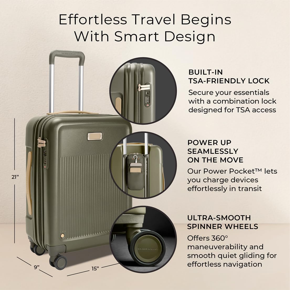 Briggs & Riley 21' Global Carry On Expandable Spinner - Luggage for Travel, Suitcases with Wheels, Hardside Rolling Bag for Men & Women, Self-Repairing Zipper - Sympatico Collection, Olive