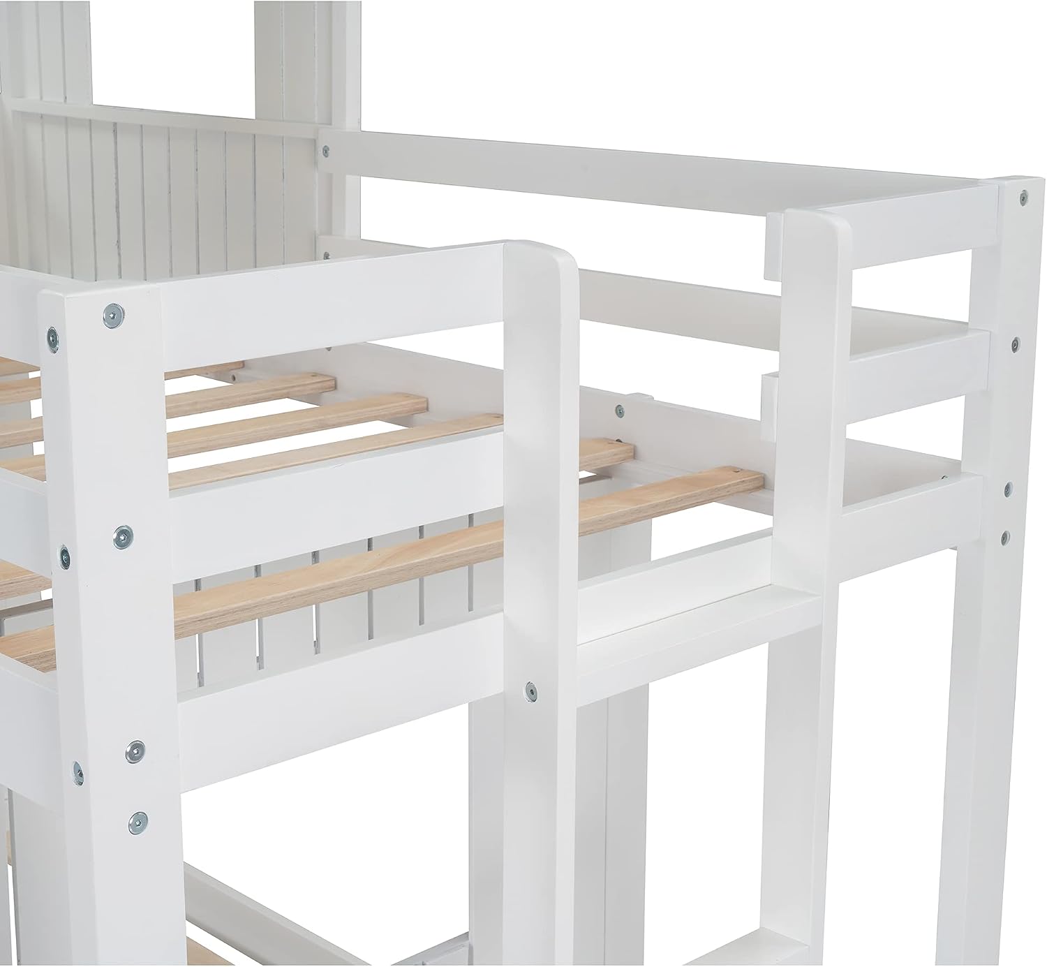 Twin Over Full Bunk Beds for Kids Toddlers, Wooden Play Farm House Bunk Bed with Roof Window Guardrail Ladder, for Girls Boys, No Spring Box Required (White-BUNK Bed-Twin-Full-4)