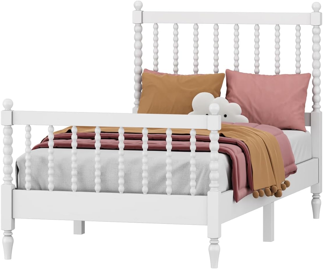 Generic 3 s Bedroom Sets Twin Size Wood Platform Bed with Gourd Shaped Headboard and Footboard with 2 Nightstands,White