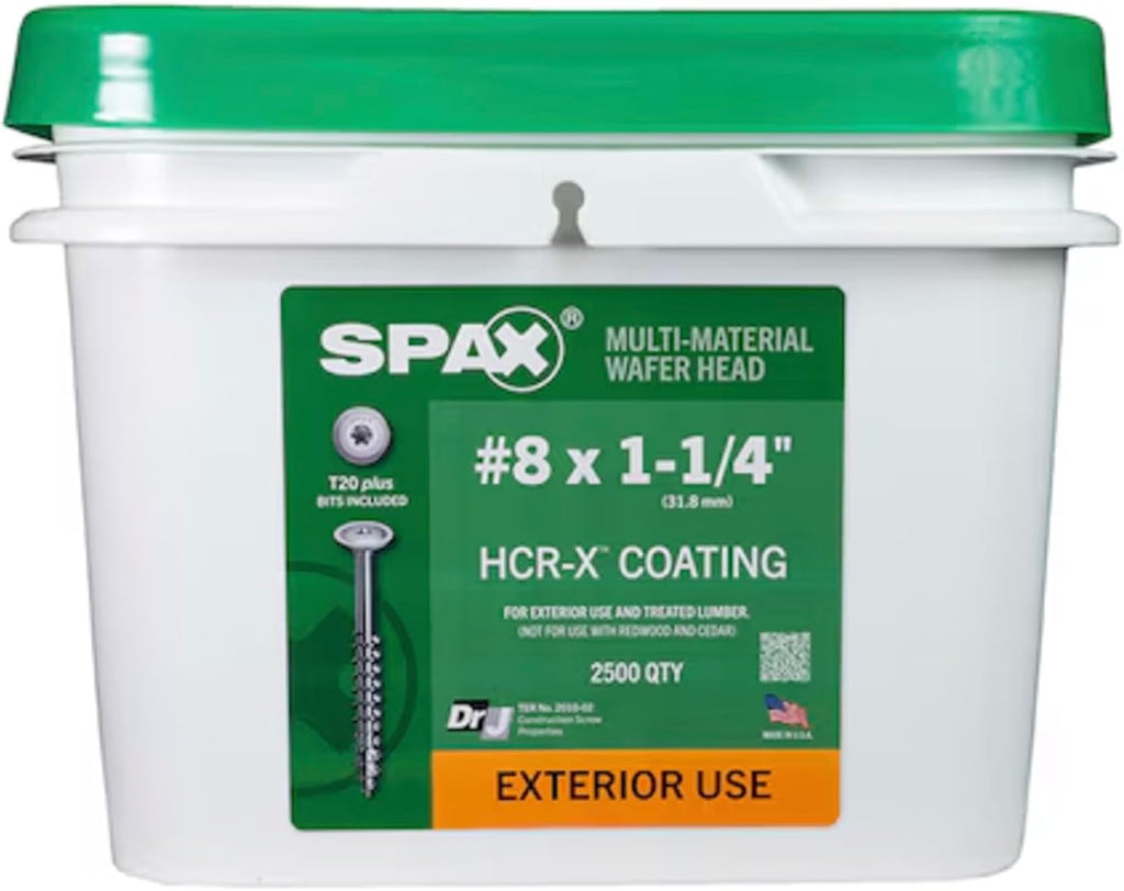 SPAX #8 x 1-1/4' Exterior Wafer Head Wood Screws Construction Torx T-Star Plus (2500 EA) Bulk Pail Includes 4 Bits Rust Resistant