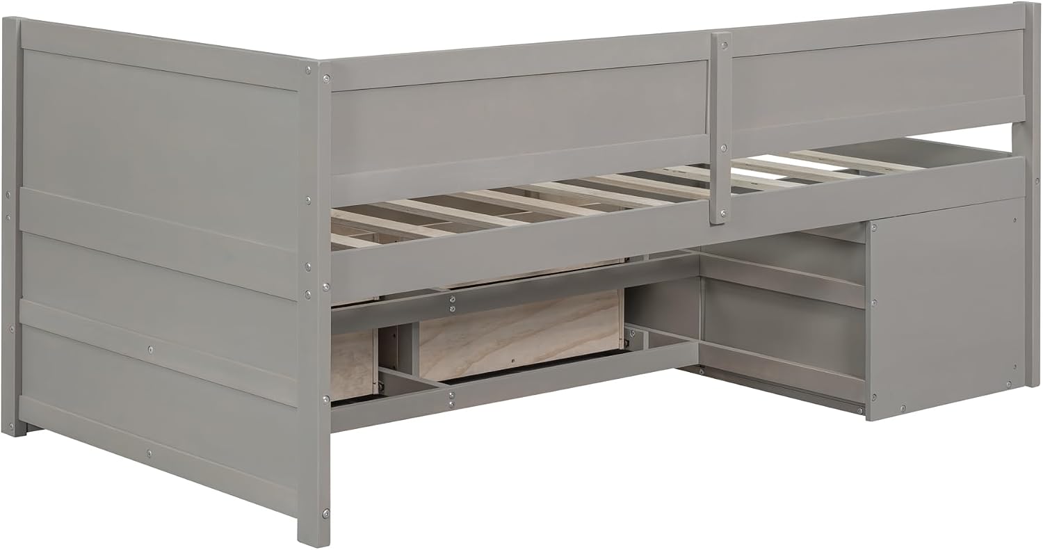 Twin Size Daybed with 4 Pull-Out Drawers and 3 Functioning Shelves,Solid Wood Day Bed Frame with Wooden Slats Support for Bedroom,No Box Spring Required (Gray-AB40)