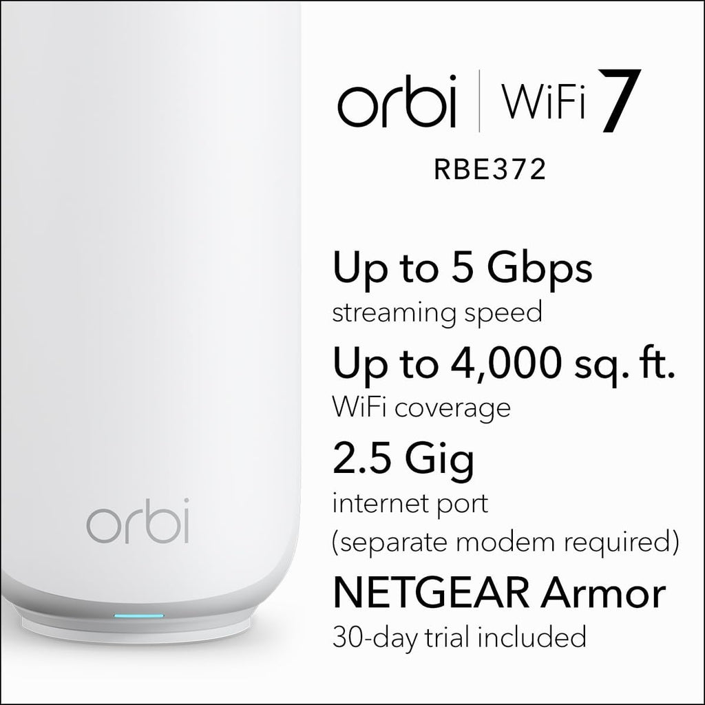 NETGEAR Orbi 370 Series Dual-Band WiFi 7 Mesh System for Home (RBE372) – Wireless Router (no Modem) + 1 Extender, Security Features, Covers 4,000 sq.ft., 70 Devices, Universally Compatible with ISPs