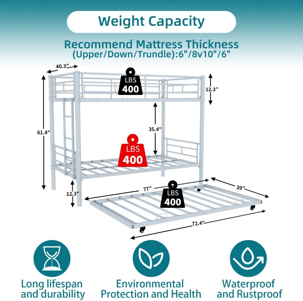 Twin Over Full Metal Bunk Bed, with Ladder & Full-Length Guardrail for Teens Adults, Noise Free (Silver + Metal + Twin)