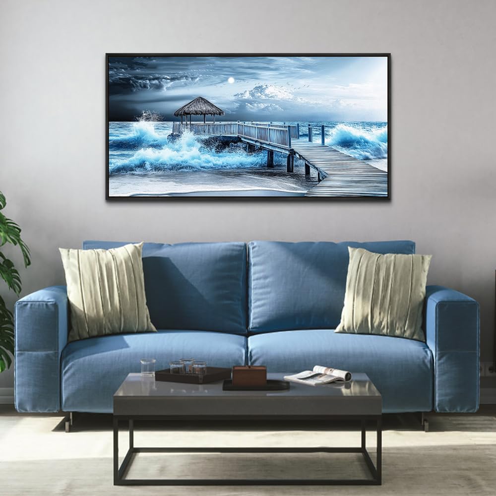 ERQINHUA Large Canvas Wall Decor For Living Room Wall Art For Bedroom Office Wall Decorations Black Frame Blue Wave Landscape Painting Artwork For Modern Stretched and Framed Beach Posters 24'X48'