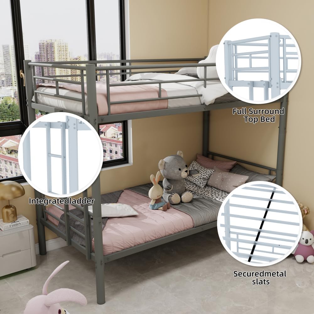 Twin Over Full Metal Bunk Bed, with Ladder & Full-Length Guardrail for Teens Adults, Noise Free (Silver + Metal + Metal)