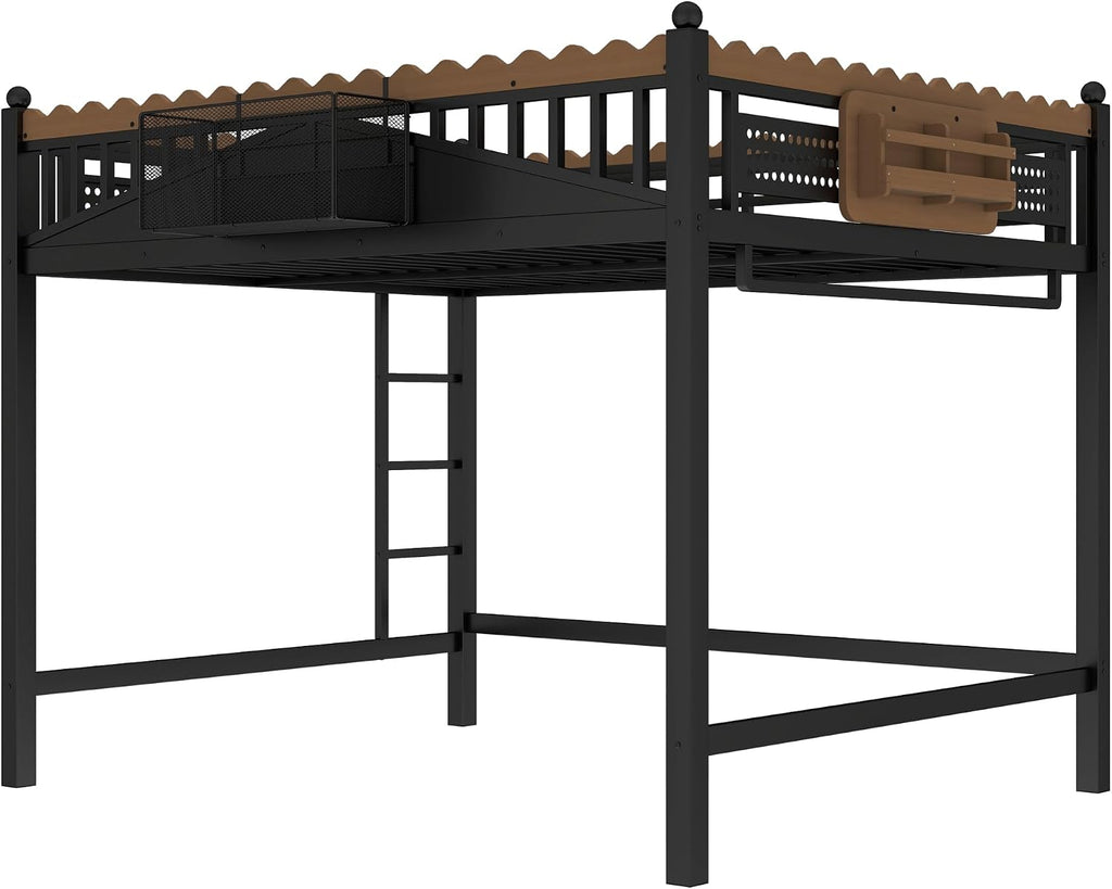 JIVOIT Metal Loft Bed with Built-in Storage Shelves and Bookshelf, Queen Size Metal Loft Bed with Safe Ladder & Guardrail, Space-Saving Loft Bed, No Box Spring Needed and Chic Design