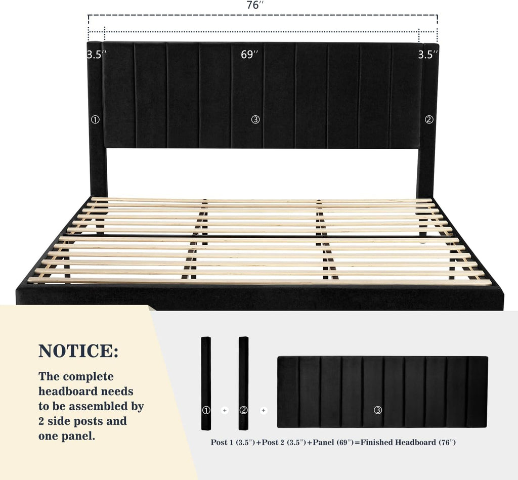 Allewie King Bed Frame/Velvet Upholstered Bed Frame with Vertical Channel Tufted Headboard/Strong Wooden Slats/Platform Bed Frame/Mattress Foundation/Box Spring Optional/Easy Assembly/Black