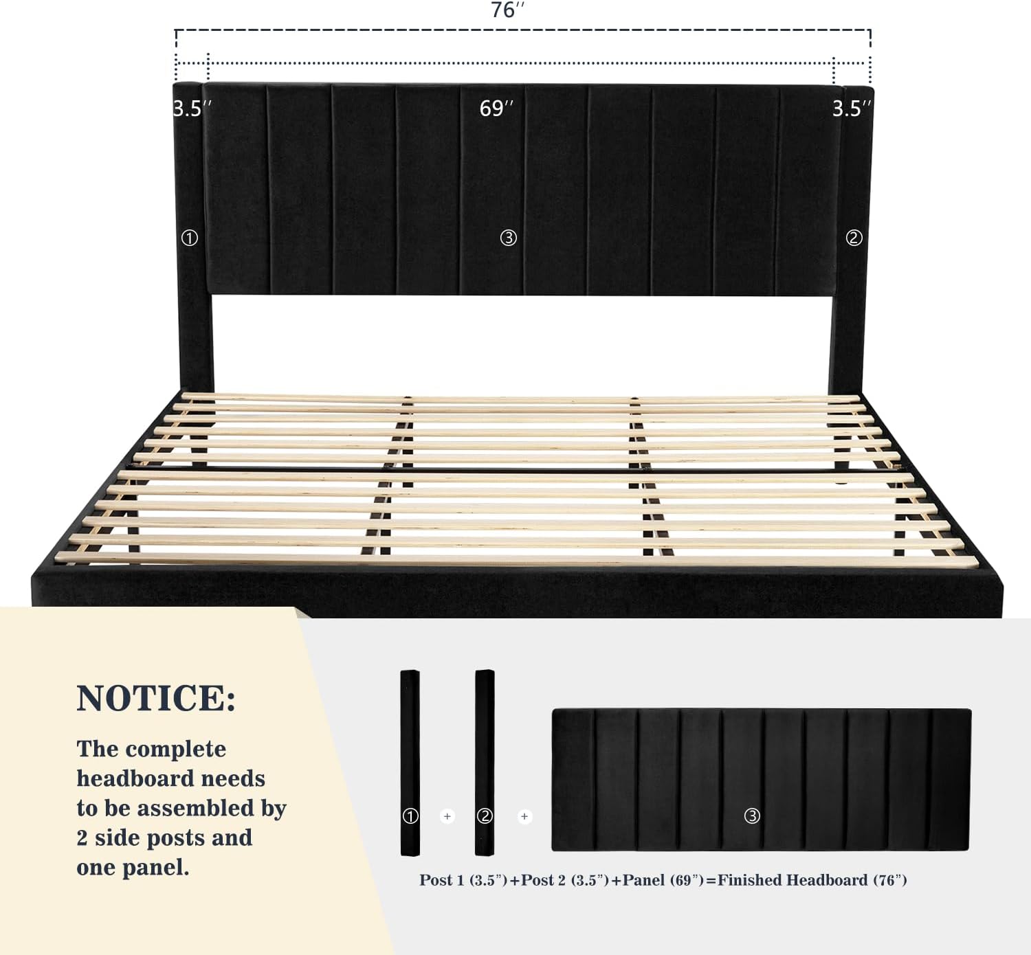 Allewie King Bed Frame/Velvet Upholstered Bed Frame with Vertical Channel Tufted Headboard/Strong Wooden Slats/Platform Bed Frame/Mattress Foundation/Box Spring Optional/Easy Assembly/Black
