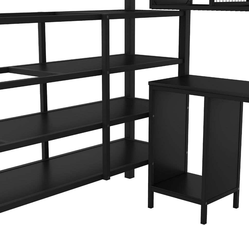 JIVOIT Metal Loft Bed Frame with Table Set, Full Size Storage Loft Bed with Wardrobe and 4-Layers Ladder, Full-Length Guardrails and Metal Slats Support, Space-Saving Bed Frame for Kids Teens