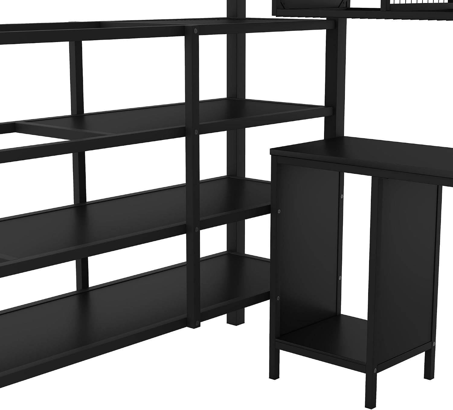 JIVOIT Metal Loft Bed Frame with Table Set, Full Size Storage Loft Bed with Wardrobe and 4-Layers Ladder, Full-Length Guardrails and Metal Slats Support, Space-Saving Bed Frame for Kids Teens