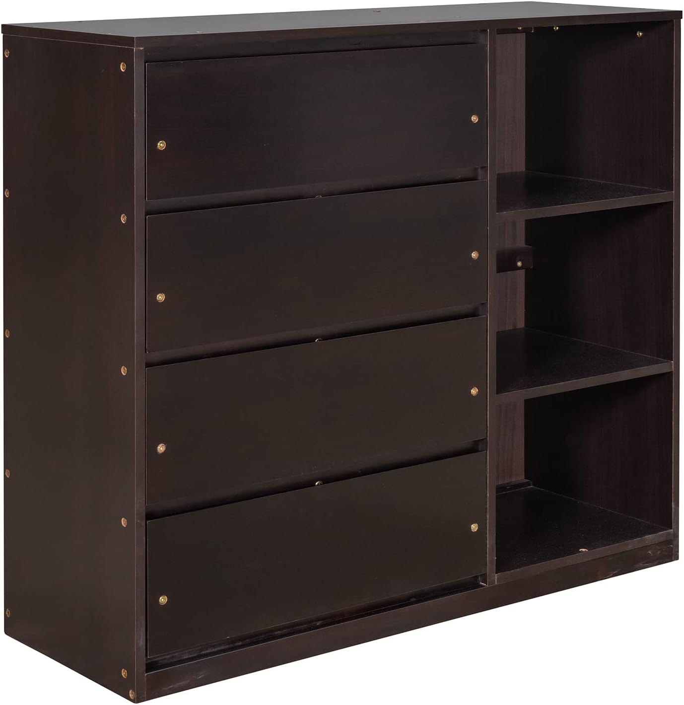 Twin-Over-Twin Size Bunk Bed, Bedroom Furniture Pine Wood Bed Frame with Storage Drawers and Open Shelves, Drawers and Shelves Set Can Be Moved, for Kids & Teens (Espresso)