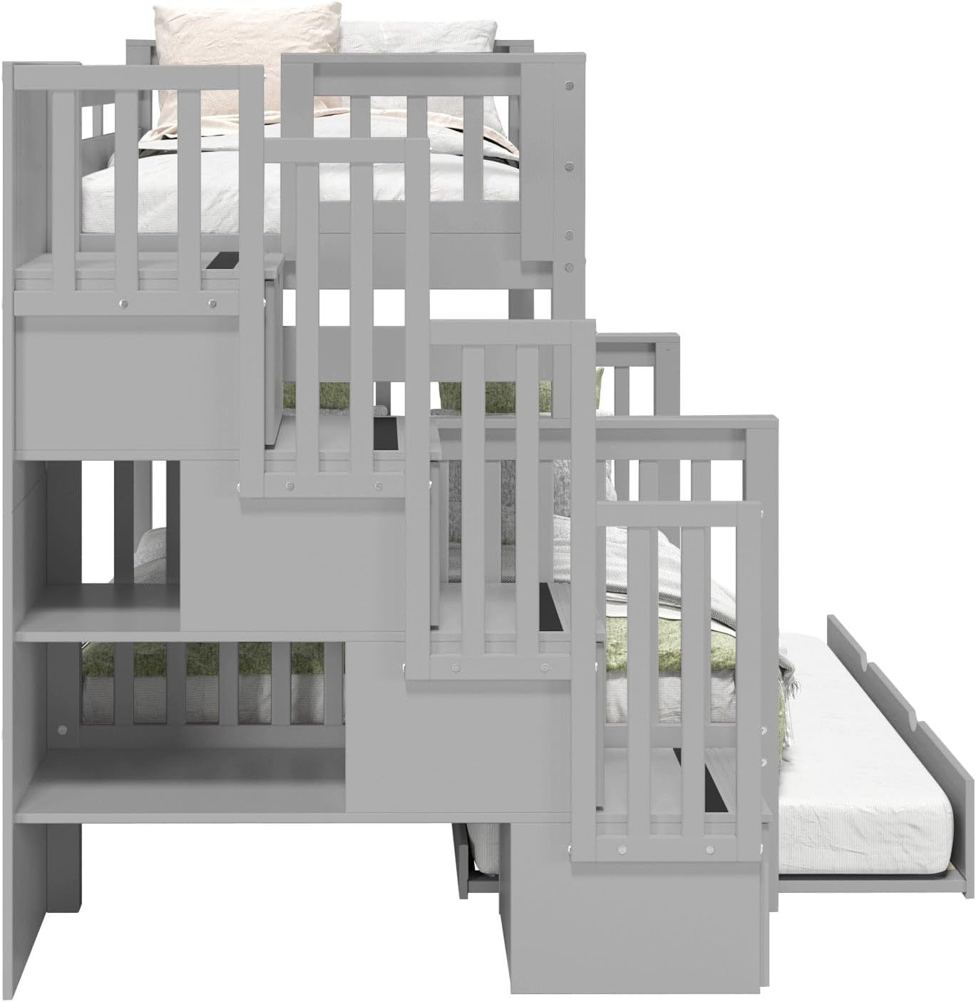 Bedz King Stairway Bunk Beds Twin Over Full, 4 Step Drawers, Twin Trundle, Gray