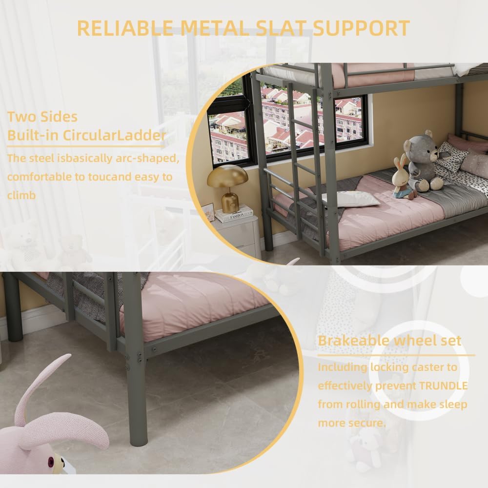 Twin Over Full Metal Bunk Bed, with Ladder & Full-Length Guardrail for Teens Adults, Noise Free (Silver + Metal + Metal)