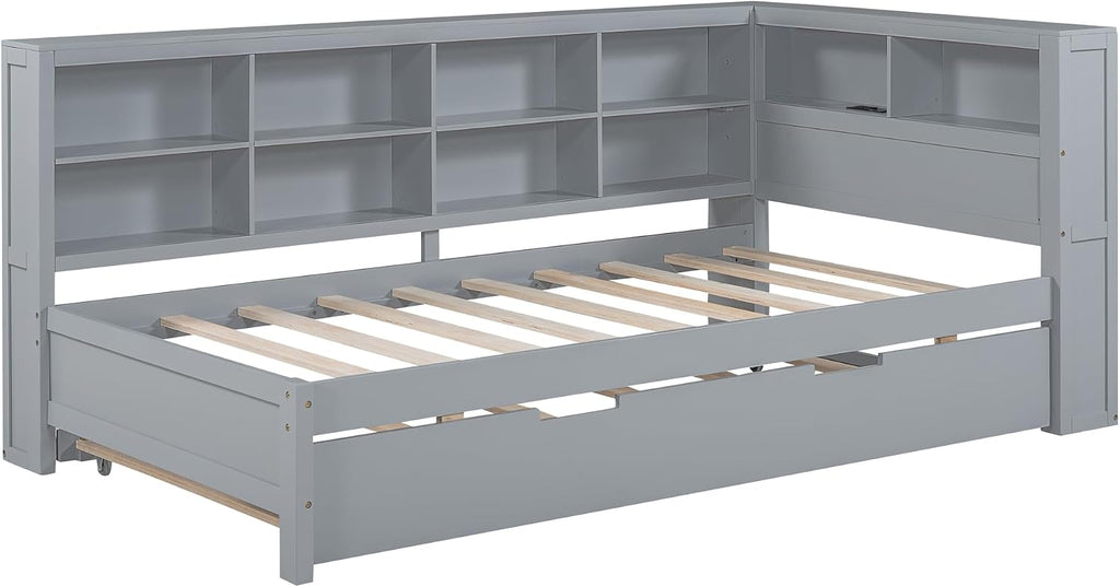 Modern Twin Size Daybed with Trundle, Solid Wood Captain Platform Bed with Storage Cabinets and USB Ports, Low Floor Bed for Kids Teens Adult Bedroom, Easy Assembly (Gray-XX115)