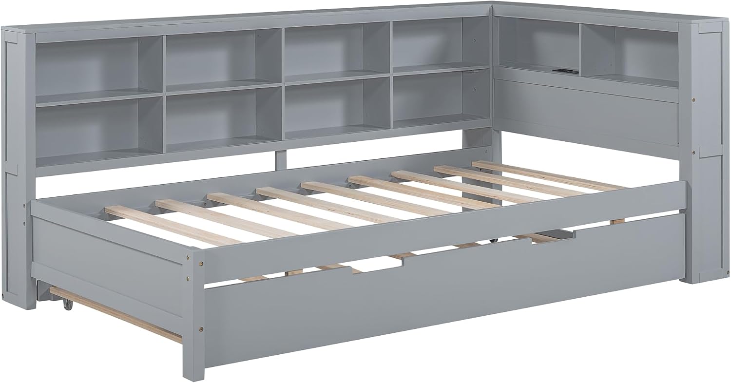 Modern Twin Size Daybed with Trundle, Solid Wood Captain Platform Bed with Storage Cabinets and USB Ports, Low Floor Bed for Kids Teens Adult Bedroom, Easy Assembly (Gray-XX115)