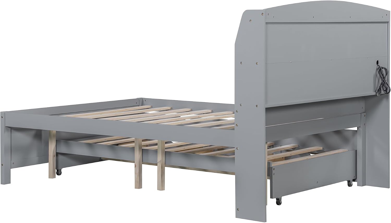 Merax Full Size Bed Frame with Flip-Up Storage Headboard, Gray Full Bed with 3 Drawers and Trundle, Wooden Bed Frame Full a Set of Sockets & USB Ports, No Box Spring Needed