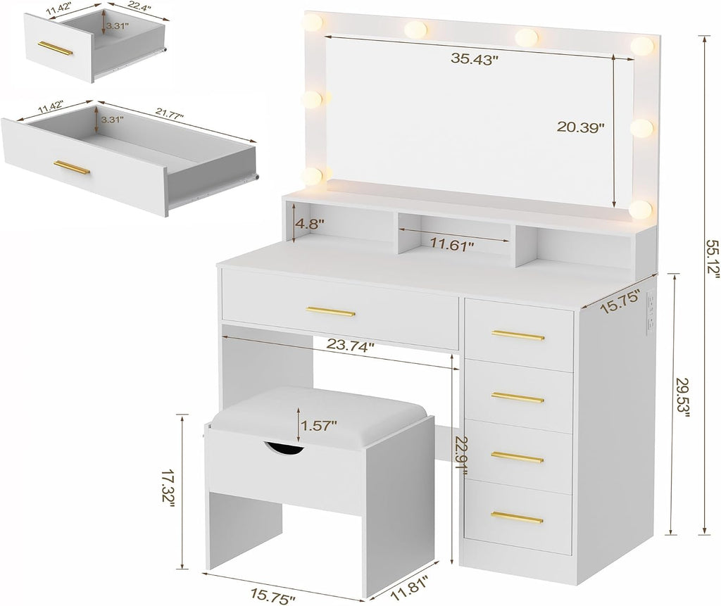 ERLEJIA Vanity Desk with Mirror and Lights, 35.43' Large Mirror Makeup Table with Stool, 5 Drawers Dressing Table for Girls and Ladies Bedroom, White and Gold