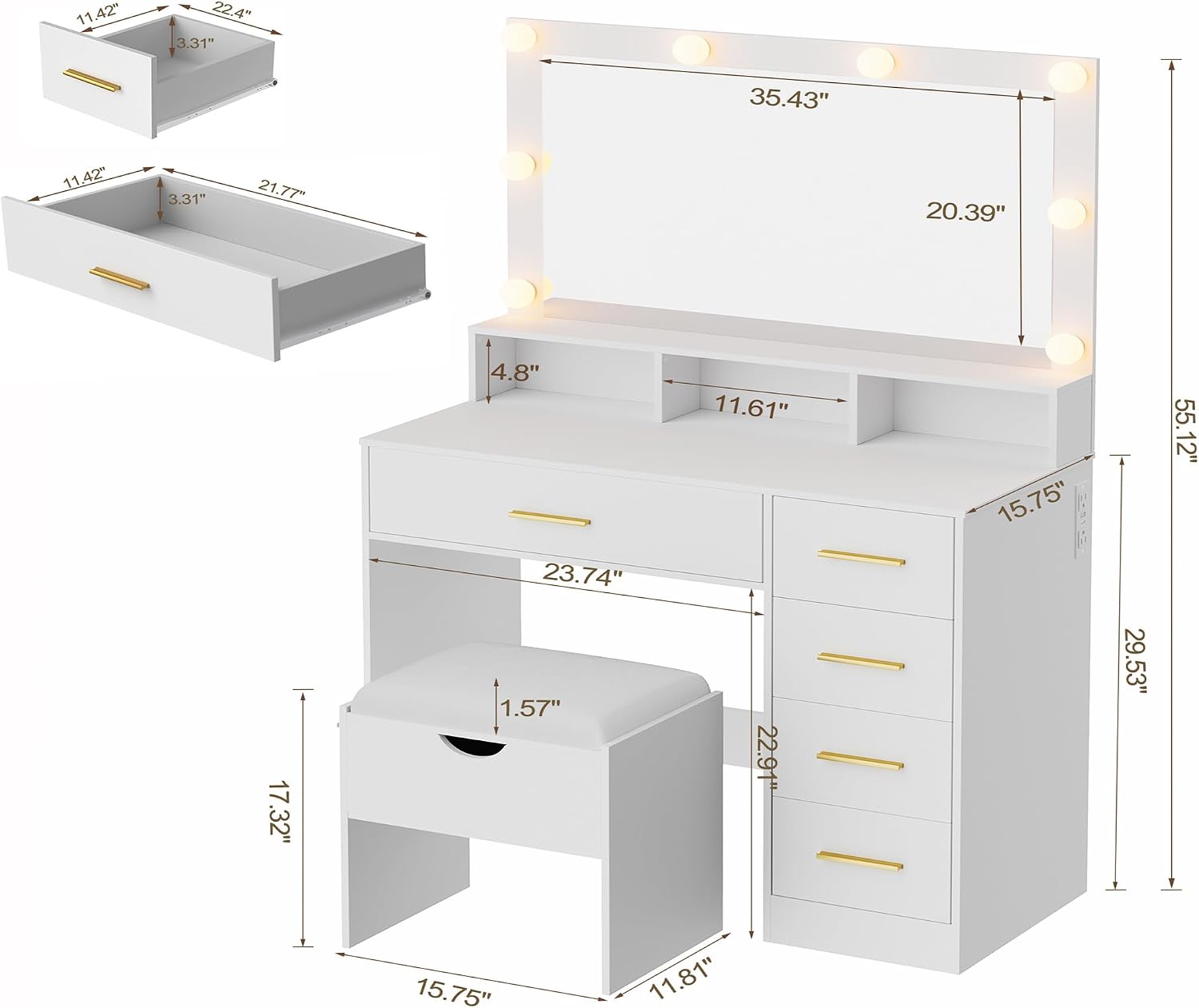 ERLEJIA Vanity Desk with Mirror and Lights, 35.43' Large Mirror Makeup Table with Stool, 5 Drawers Dressing Table for Girls and Ladies Bedroom, White and Gold