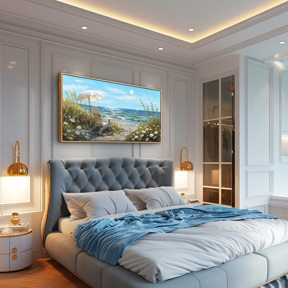 ERQINHUA Large Wall Art For Living Room Canvas Wall Decor For Bedroom Office Decoration Blue Sea Ocean Paintings Beach Chair Wall Pictures Artworks Modern Home Decor Aesthetics 24x48 In Wood Framed