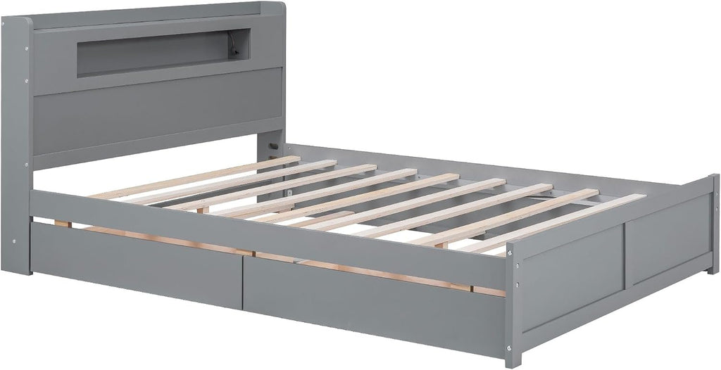 Merax Queen Size Platform Bed Frame with 2 Drawers and Twin Size Trundle, Gray Queen Bed Frame with Headboard, No Box Spring Needed