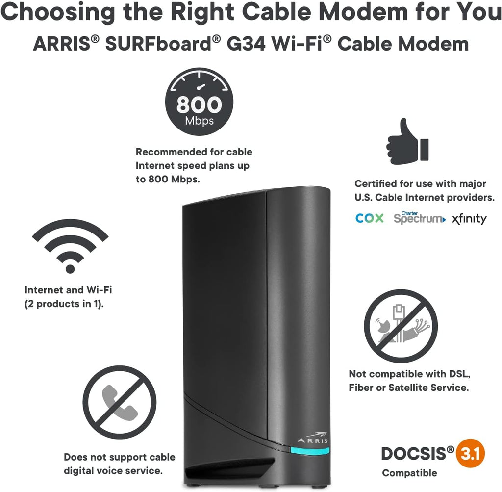 ARRIS Surfboard G34 DOCSIS 3.1 Gigabit Cable Modem & AX3000 Wi-Fi 6 Router, Approved for Cox, Spectrum, Xfinity & Others (Renewed) black
