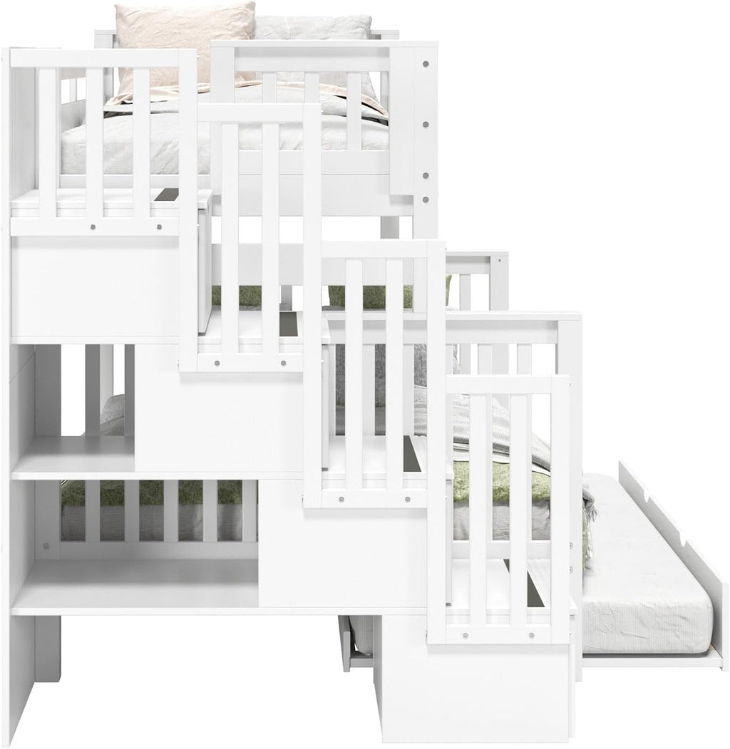 Bedz King Stairway Bunk Beds Twin Over Full, 4 Step Drawers, Twin Trundle, White