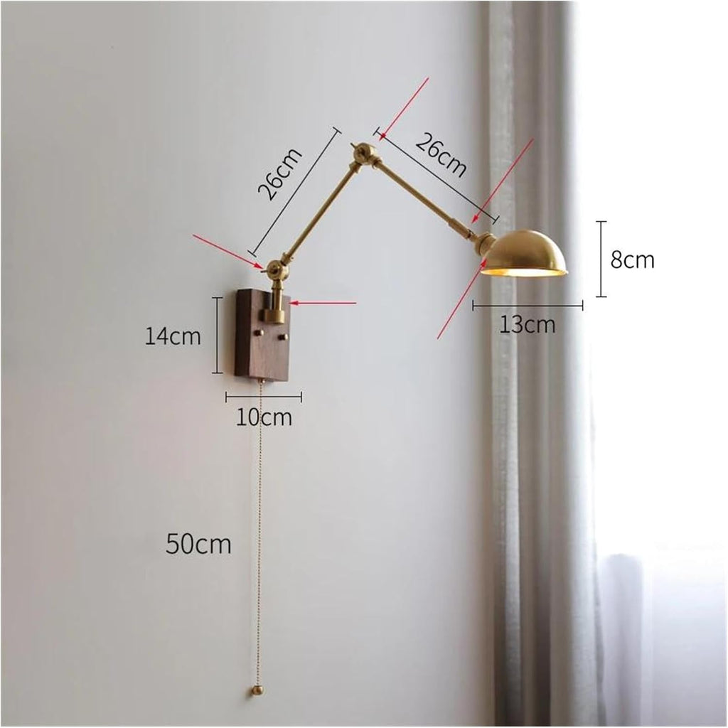 Wall Sconces, Pull Chain Switch LED Wall Light Fixtures Copper Long Arm Walnut Home Indoor Lighting Nordic Modern Wandlamp Luminaria(B)