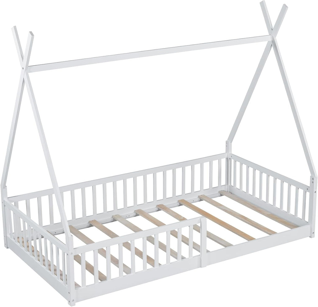 JIVOIT Twin Size Wood House Bed with Fence, House Platform Bed with Roof, Twin Montessori Bed Frame, Wood Slats Support, No Box Spring Needed (White/74)