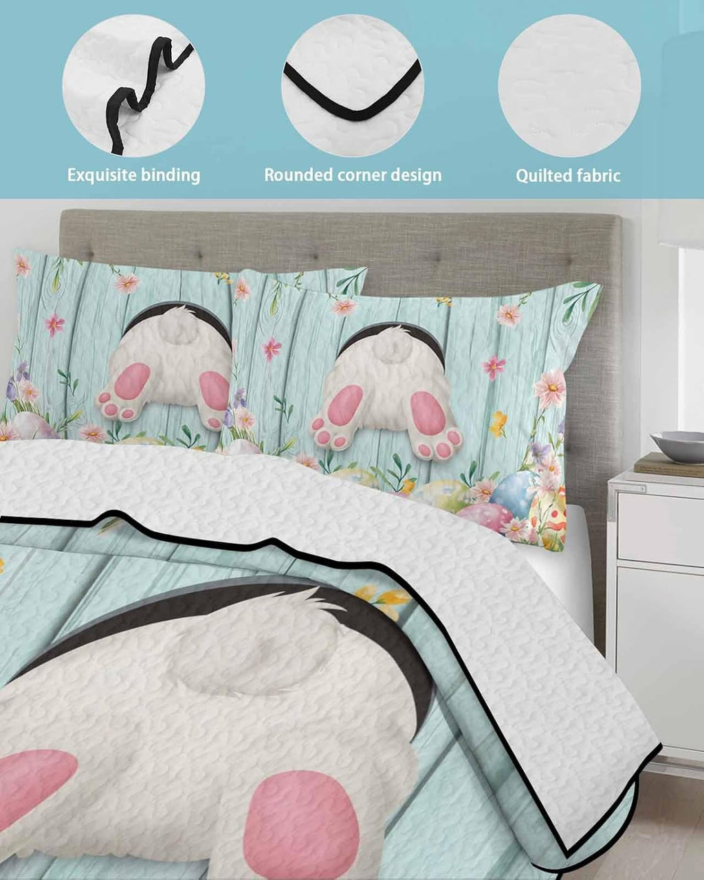 Quilt King Size Bedding Set, Easter Lightweight Summer Quilt 3 Pieces Bedding Sets, Spring Rabbit Feet Eggs Flower Green Wooden Grain Reversible Soft Bedspreads Coverlets with 2 Pillow Shams