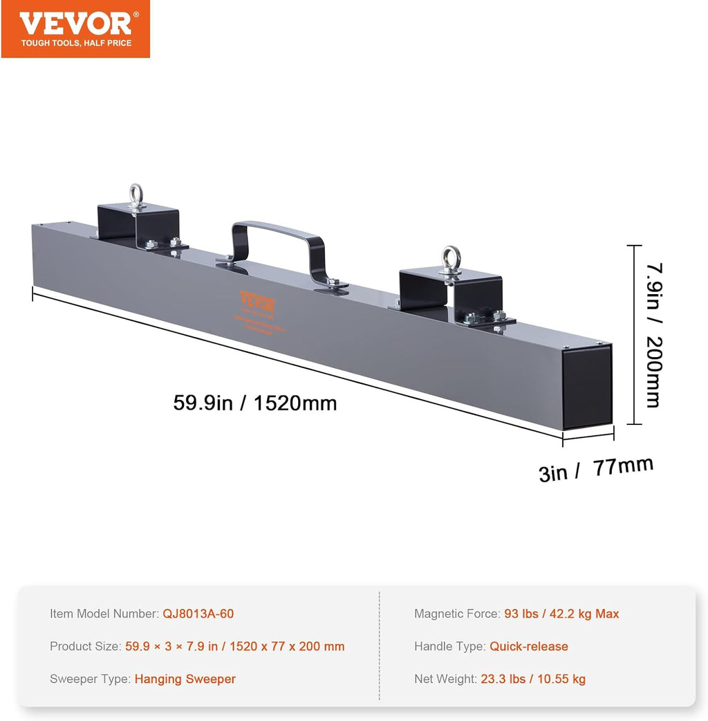 VEVOR 93 lbs Hanging Magnetic Sweeper Pickup Tool, Nail Hang-Type Magnetic Forklift Sweeper, Industrial-Grade Magnets Steel Material Hunting Accessories for Picking Up Nails Bolts Metals Iron Chips