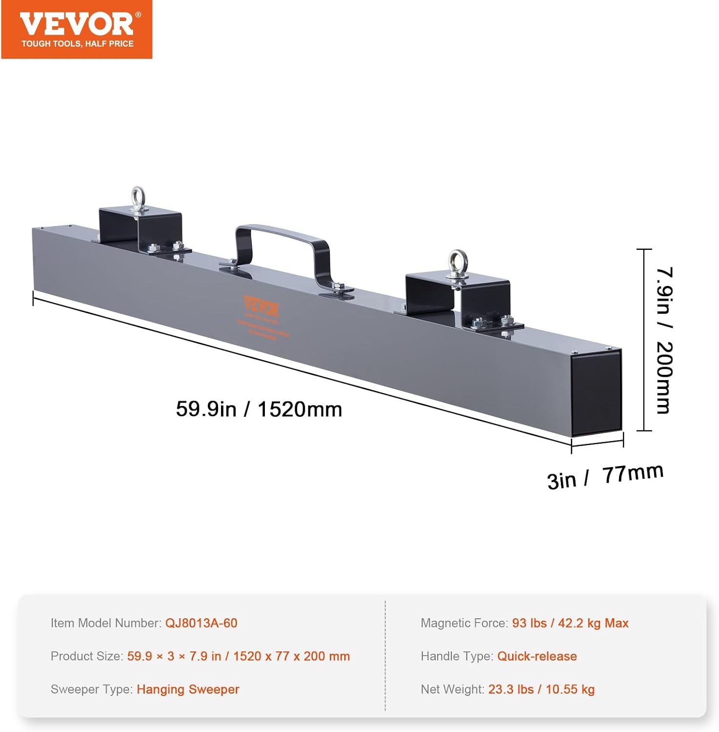 VEVOR 93 lbs Hanging Magnetic Sweeper Pickup Tool, Nail Hang-Type Magnetic Forklift Sweeper, Industrial-Grade Magnets Steel Material Hunting Accessories for Picking Up Nails Bolts Metals Iron Chips