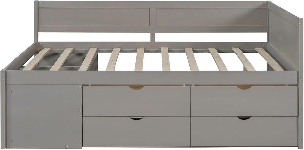 Full Size Daybed with 4 Pull-Out Drawers and 3 Functioning Shelves,Solid Wood Day Bed Frame with Wooden Slats Support for Bedroom,No Box Spring Required (Gray-AB41)