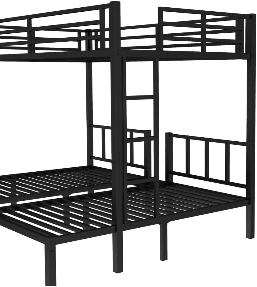 Twin Over Twin & Queen Bunk Bed, with Safety Guardrails,Space-Saving/Noise Reduced,Black (Black + Metal-1)