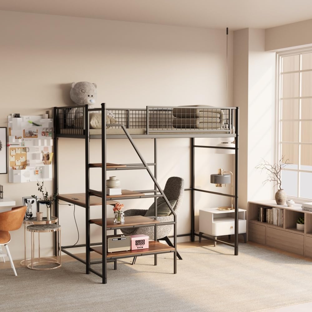 Twin Sized loft Metal Bed with Black for Bedroom and Dormitory, with Built-in Charging Station and LED Lighting (Black + Metal & Wood + Bedroom)