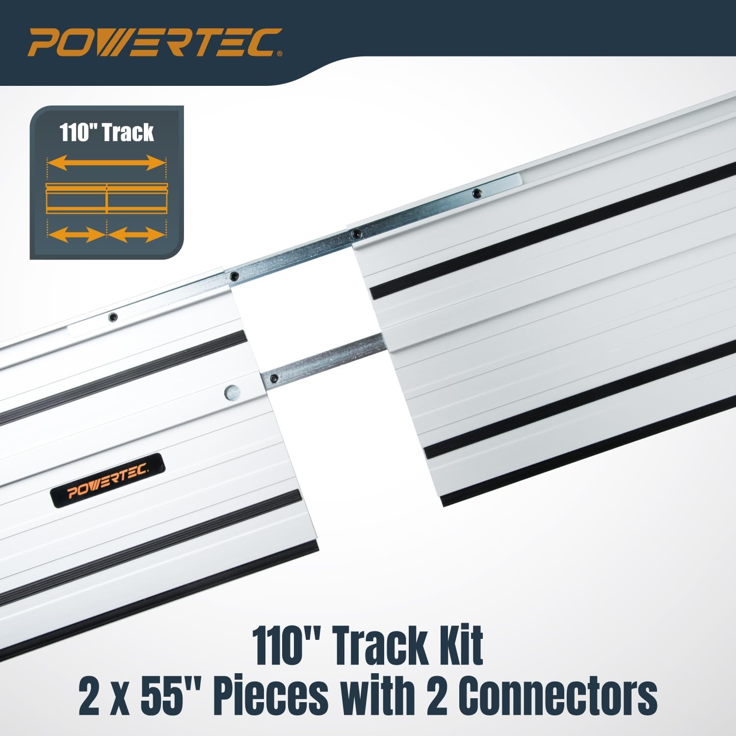 POWERTEC 110' Track Saw Guide Rail Joining Set for Kreg Track Saws, Include 2x55' Extruded Aluminum Guide Rail, 2 Rail Extension Connectors and Protective Carrying Bag (71992)