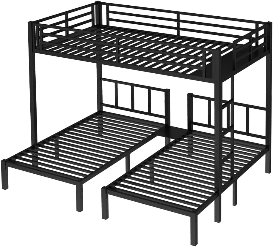 Twin Over Twin & Queen Bunk Bed, with Safety Guardrails,Space-Saving/Noise Reduced,Black (Black + Metal-1)