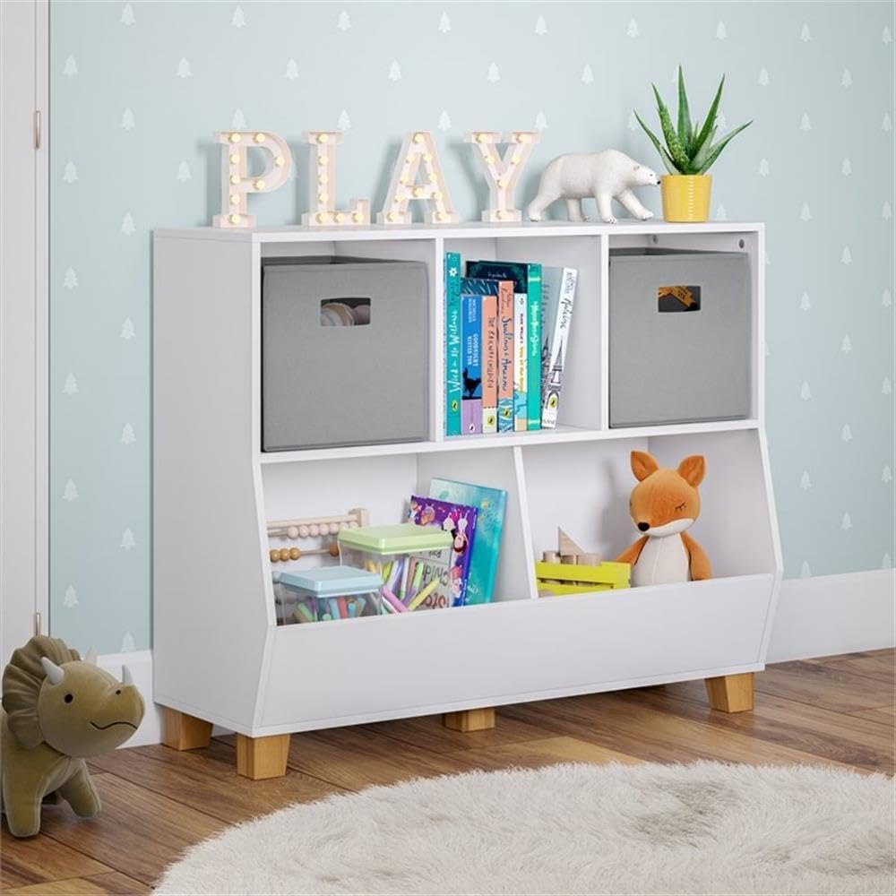 RiverRidge Catch-All Kids Toy Organizer with 3 Cubbies and 2 Storage Bin Compartments - 35 Inch Wide White Kids Room Decor Toy Organizers and Storage Bins