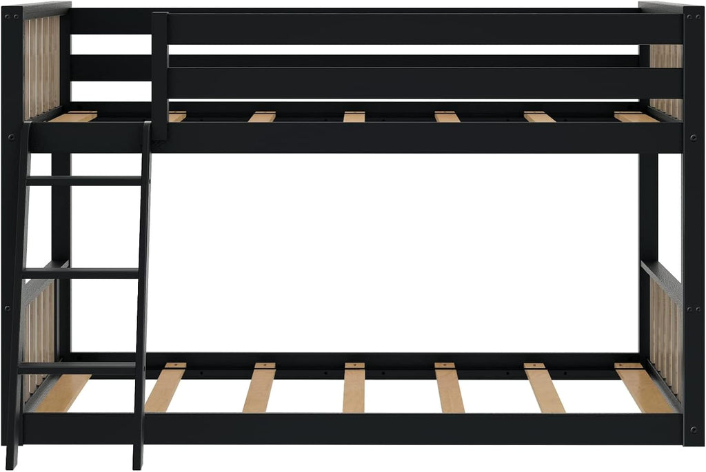 Max & Lily Low Bunk Bed, Scandinavian Modern Bunk Bed, Solid Wood Twin-Over-Twin Bed Frame for Kids, No Box Spring Needed, Black/Blonde