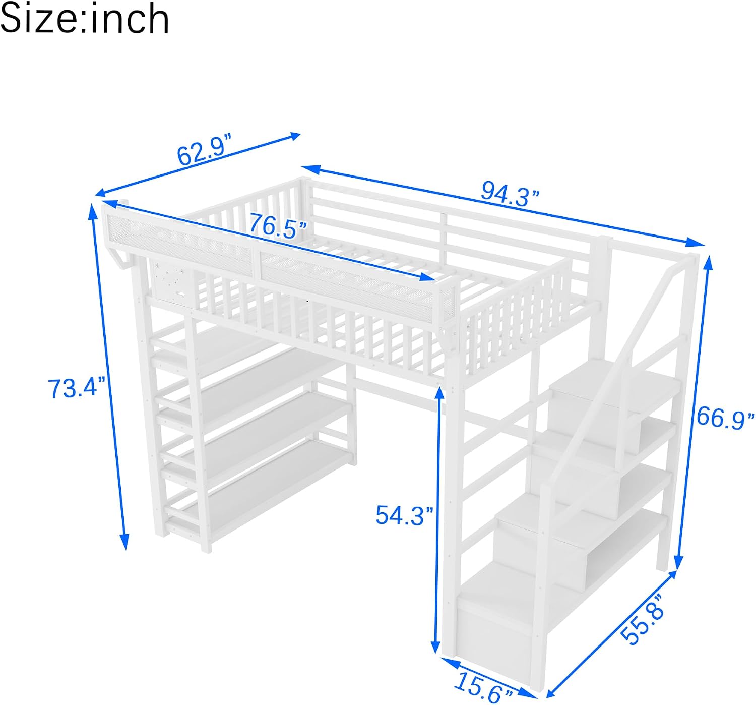 JIVOIT Metal Full Loft Bed with 4 Shelf Storage Rack, Stairs Storage, Open Shelves for Upper, Space-Saving Full Loft Bed with Guardrails and Metal Slats Support for Kids Teens (White/1)