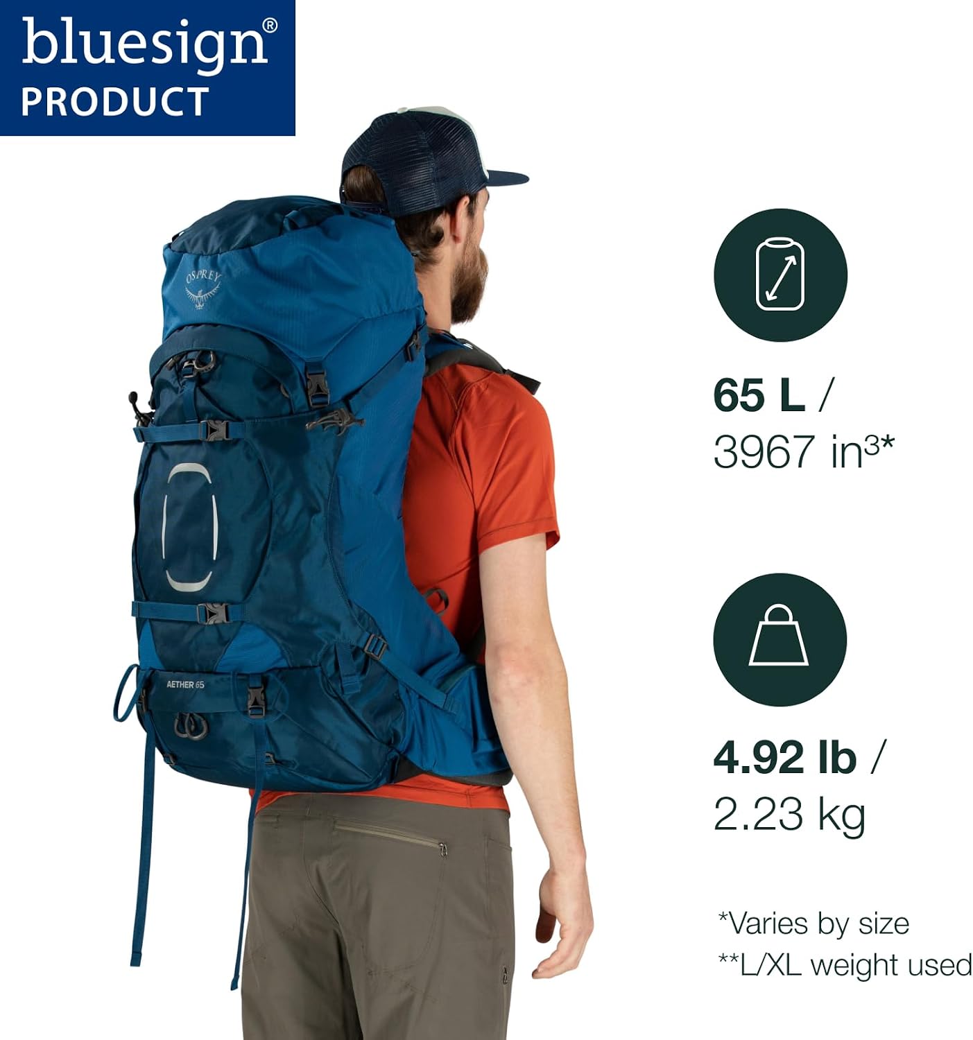 Osprey Aether 65L Men's Backpacking Backpack, Black, S/M, Extended Fit