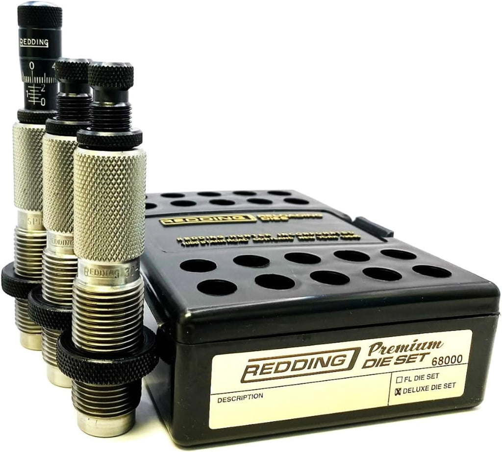Redding Premium Deluxe Die Set - Precision 3-Die Reloading System with Carbide Size Button and Micrometer Seating, Calibers