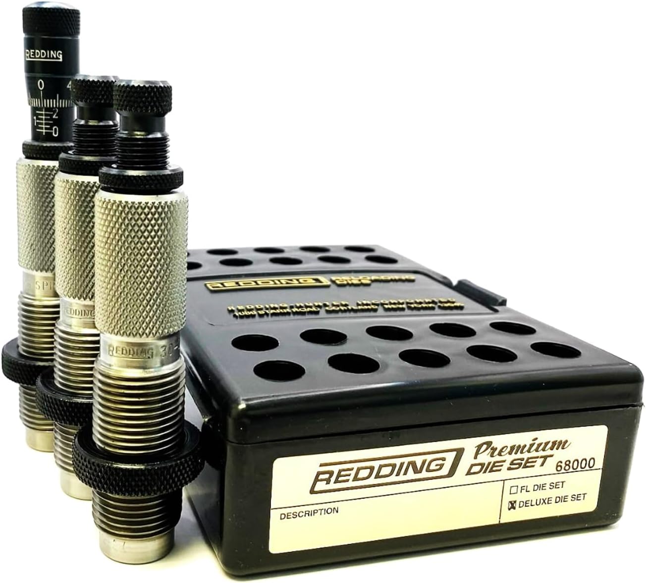 Redding Premium Deluxe Die Set - Precision 3-Die Reloading System with Carbide Size Button and Micrometer Seating, Calibers