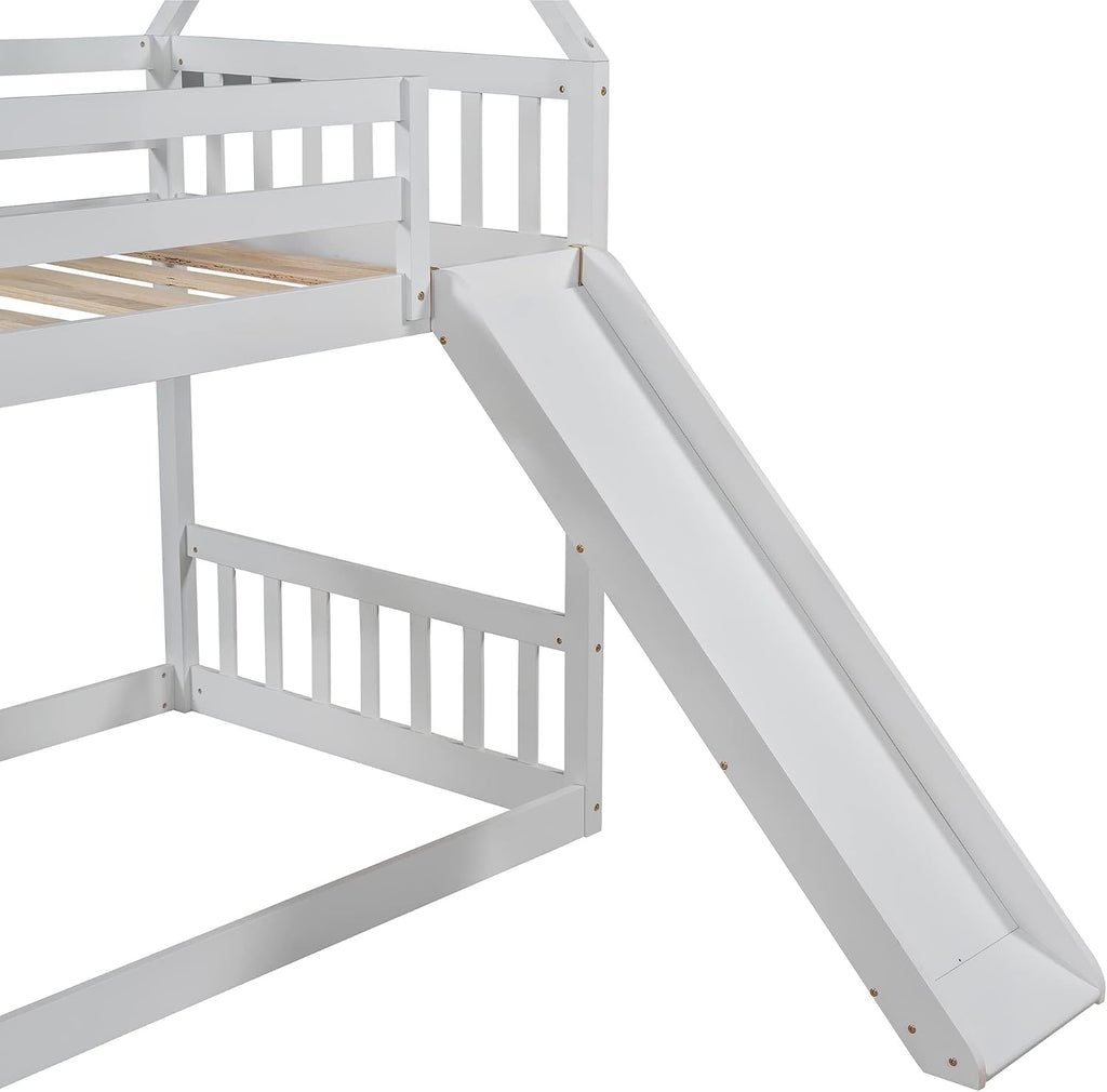 Twin Over Twin Bunk Bed with Slide for Kids Toddlers, House Bunk Bed Farm with Storage Steps and Roof Guardrail for Girls/Boys, No Spring Box Required (White-Storage Steps#2)