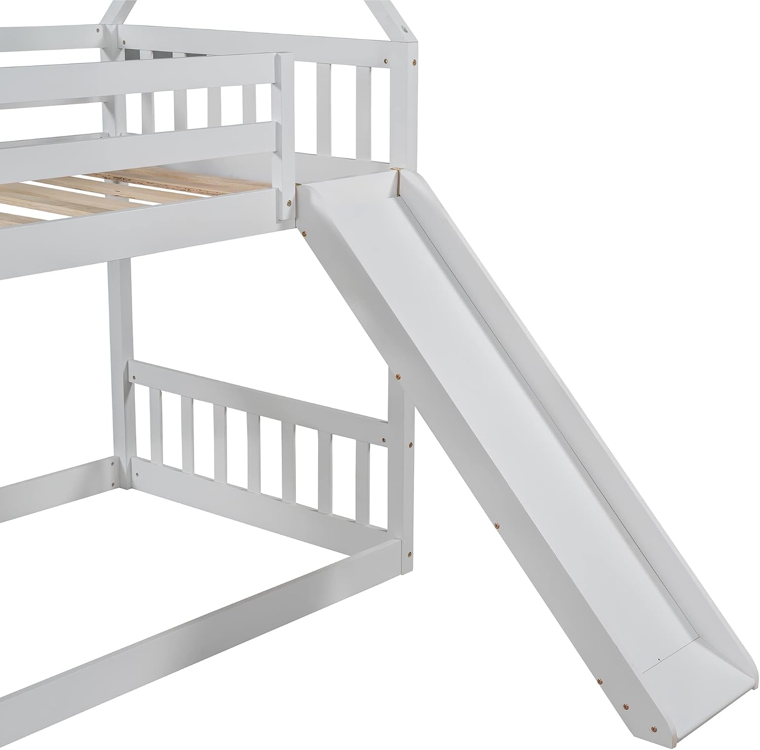 Twin Over Twin Bunk Bed with Slide for Kids Toddlers, House Bunk Bed Farm with Storage Steps and Roof Guardrail for Girls/Boys, No Spring Box Required (White-Storage Steps#2)