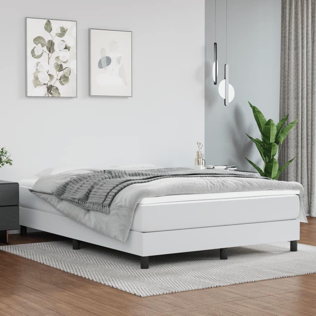 Upholstered Platform Bed Frame Full Size White Faux Leather Modern Bedframe with Sturdy Legs and Slat Support System for Bedroom Furniture