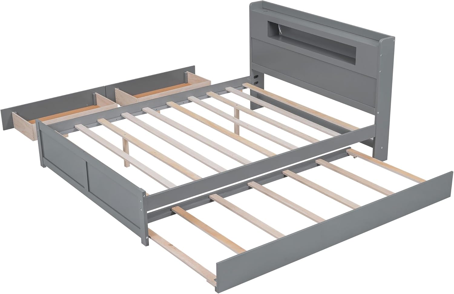 Merax Queen Size Platform Bed Frame with 2 Drawers and Twin Size Trundle, Gray Queen Bed Frame with Headboard, No Box Spring Needed
