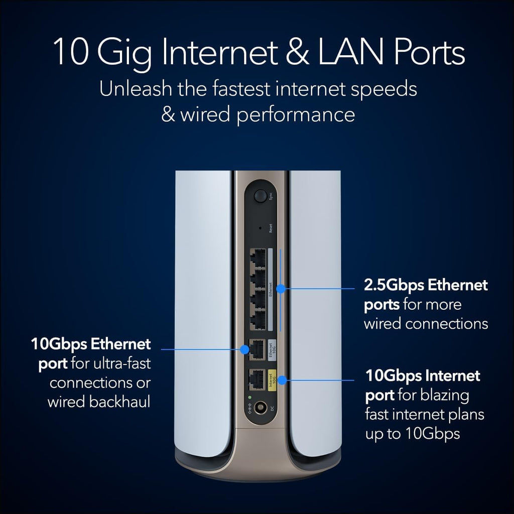 NETGEAR Orbi 970 Series Quad-Band WiFi 7 Mesh Network System (RBE972S) - Router + 1 Satellite Extender, Security Features, 27 Gbps, 6,600 sq. ft., 200 Devices, 10 Gig Internet Port – Free Expert Help