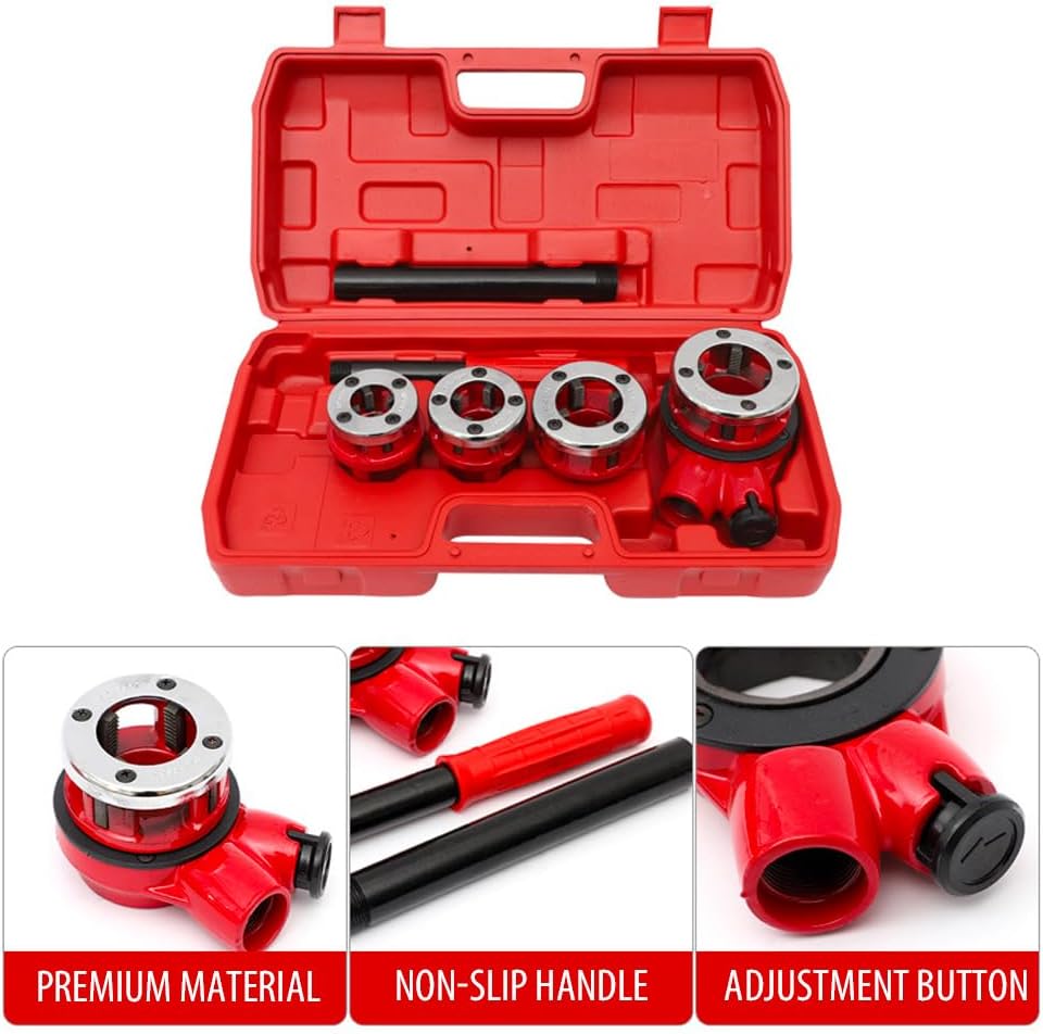 7 Piece Tap and Die Set 3/8', 1/2', 3/4',1', 1-1/4', 1-1/2' and 2' Pipe Threader Die Dies Set Threading and Rethreading Tool w/Handle Ratchet and Case for Standard Galvanized Pipe