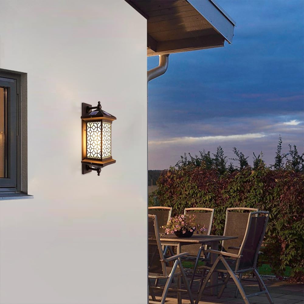 Outdoor Solar Wall Light Vintage Lantern Wall Sconce Cordless Solar Powered Wall Mounted Lamp Exterior Porch Lights Patio Fence Outside Sconces Wall Lighting Fixture