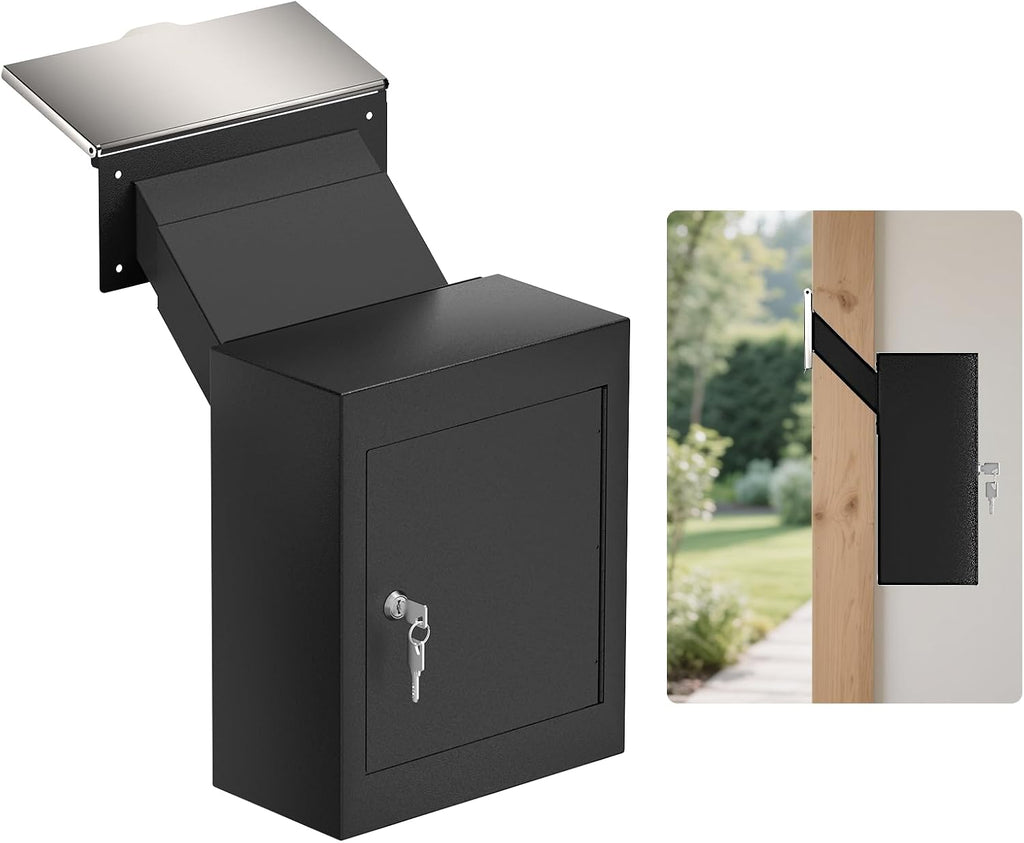 Through-The-Wall Drop Box with Rainproof Cover | Heavy Duty Through Wall Mailbox with 10-Inch Adjustable Chute | Rainproof Locking Drop Safe for Mail, Rent, Checks, Cash, and Keys